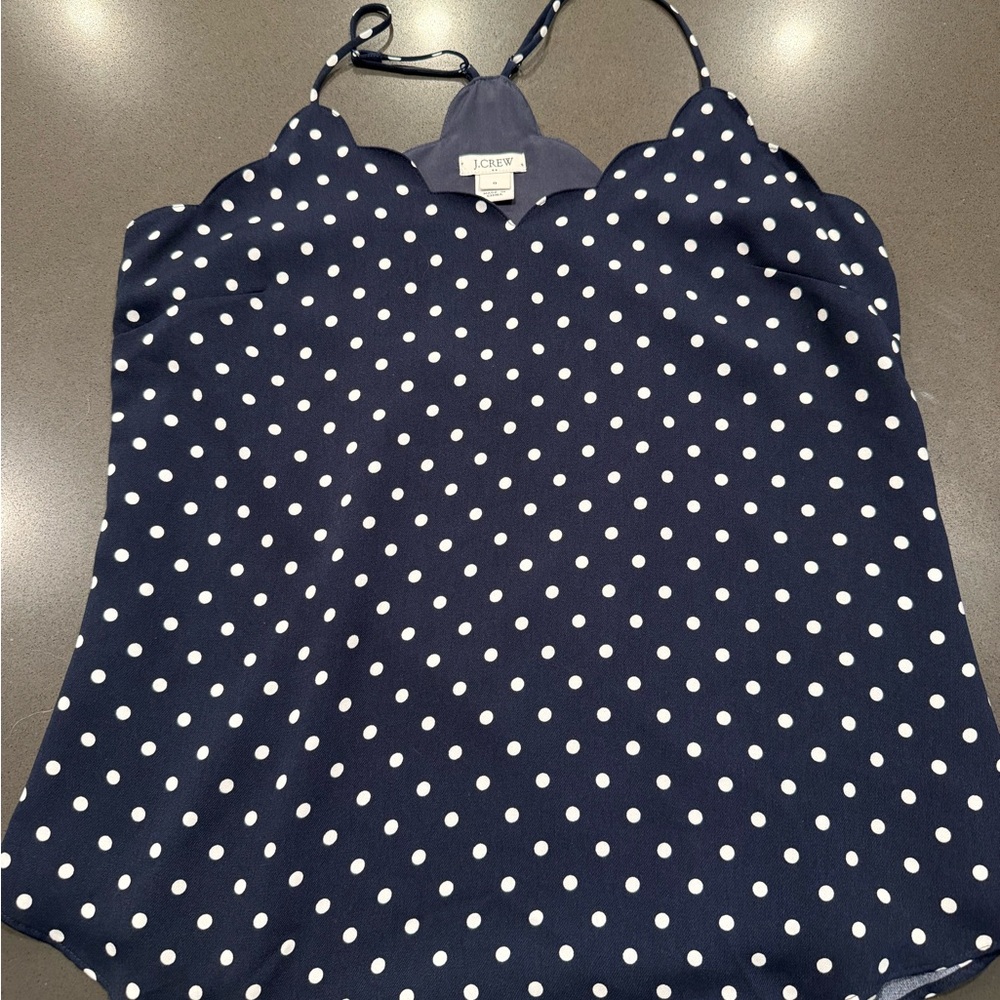 J. Crew Navy and White Polka Dot Scalloped Halter Cami
